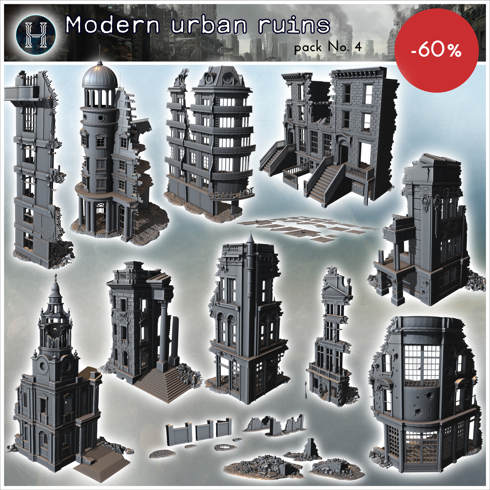 Modern urban ruins pack No. 4 - Modern WW2 WW1 World War Diaroma Wargaming RPG Mini Hobby